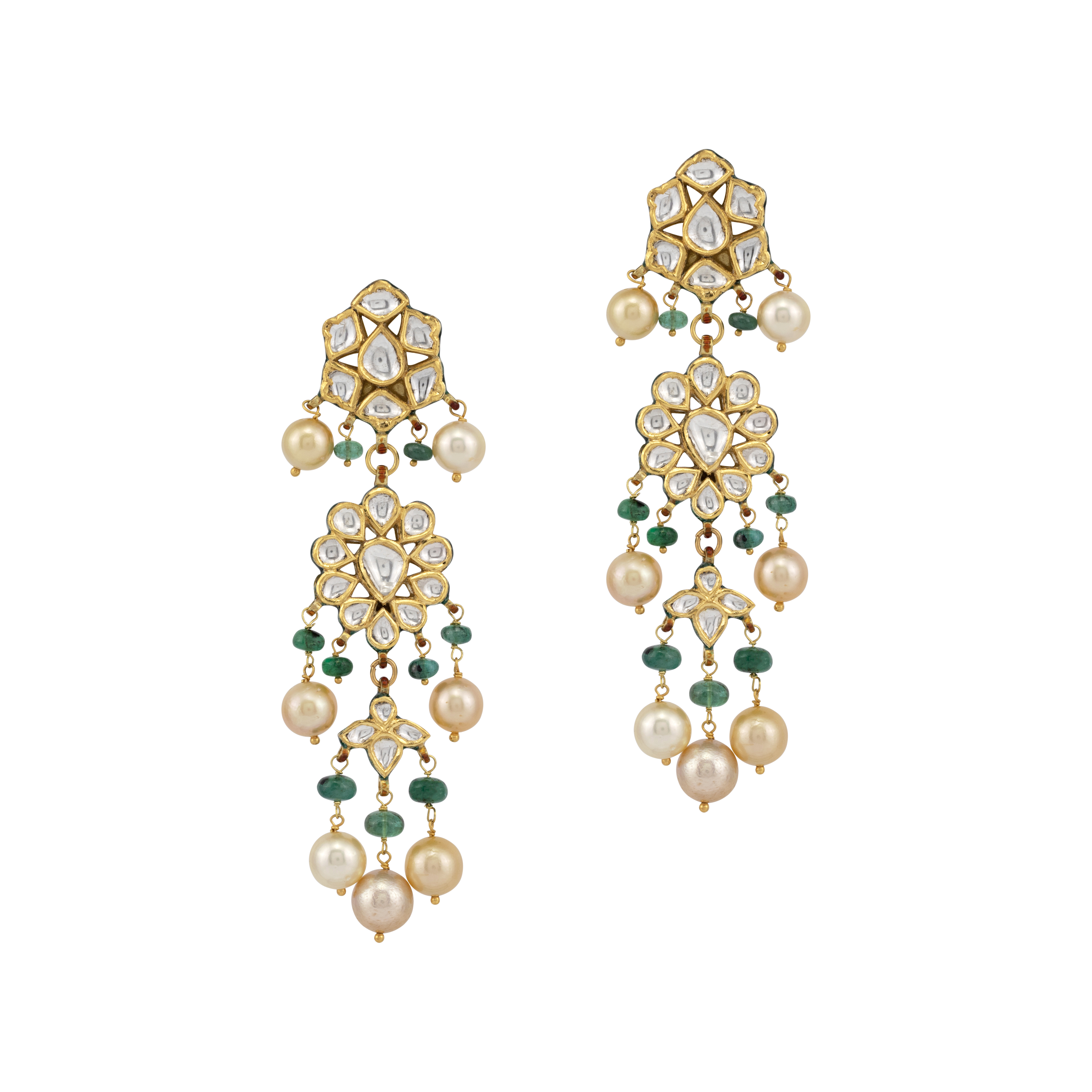 Polki Drop Earrings with Pearls and Emerald Beads